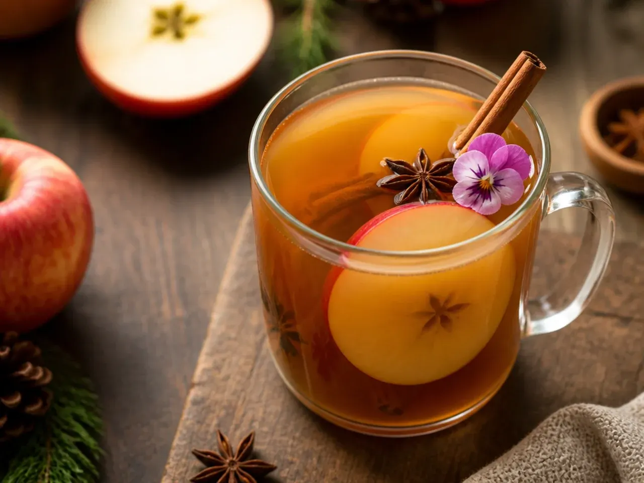 Cozy spiced apple cider in a mug with a cinnamon stick and orange peel garnish