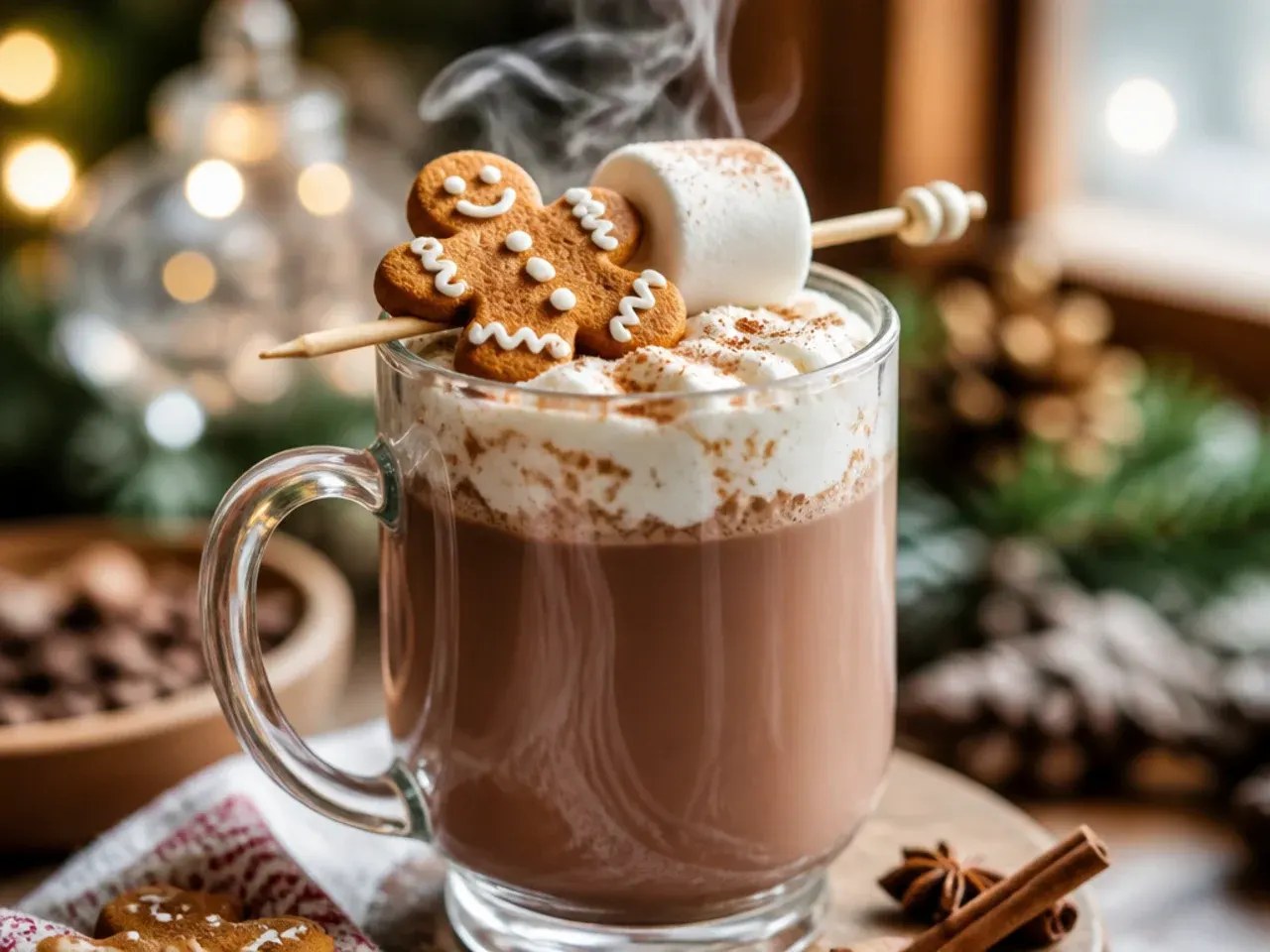 Sweet gingerbread hot chocolate topped with whipped cream and a crumbled gingerbread biscuit