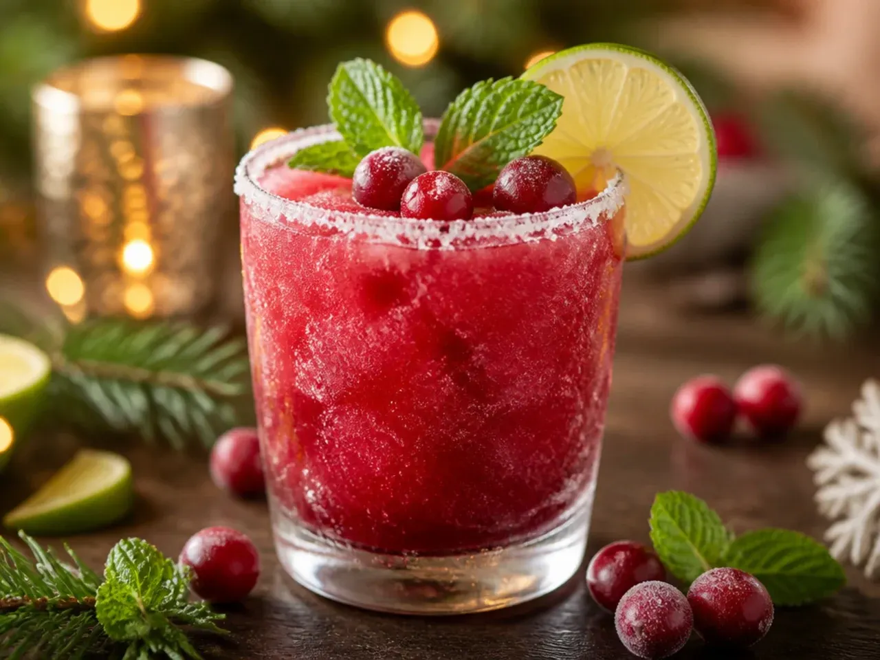 Frozen cranberry margarita in a salt-and-sugar rimmed glass with fresh cranberries