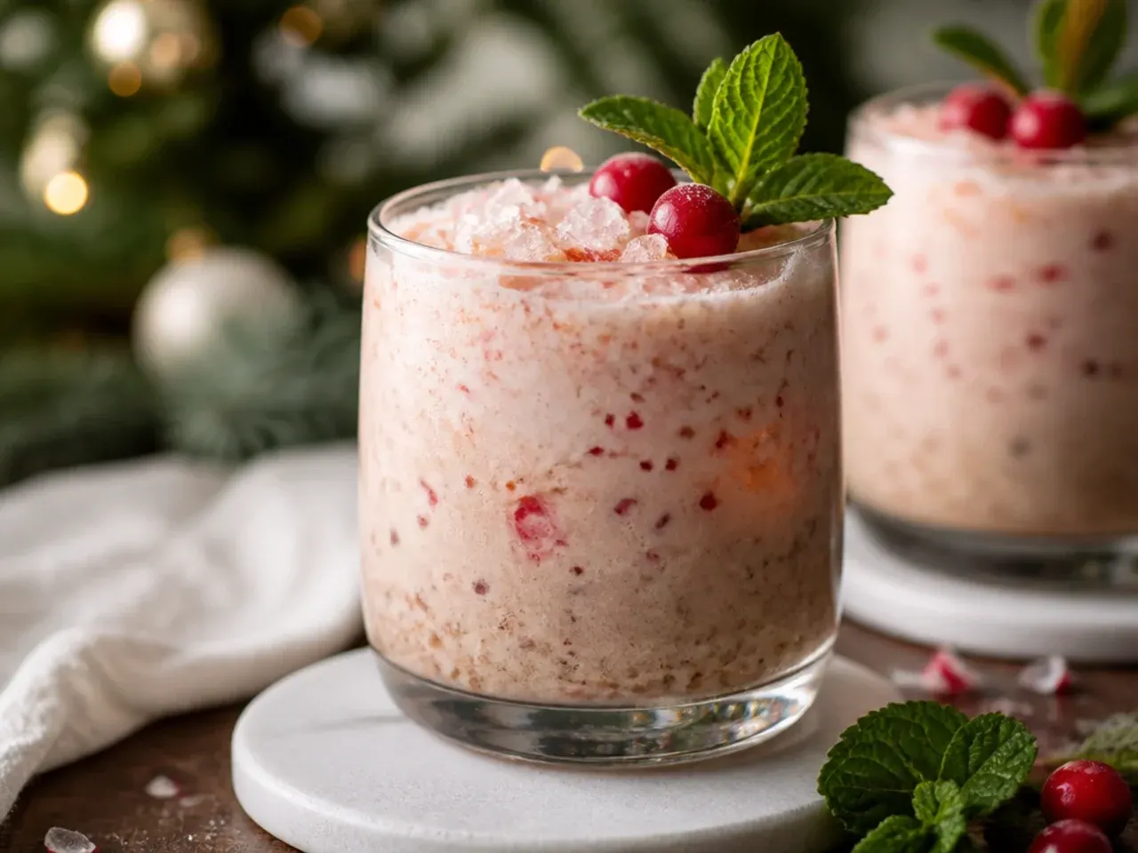 Blended peppermint white russian in a rocks glass with a candy cane garnish