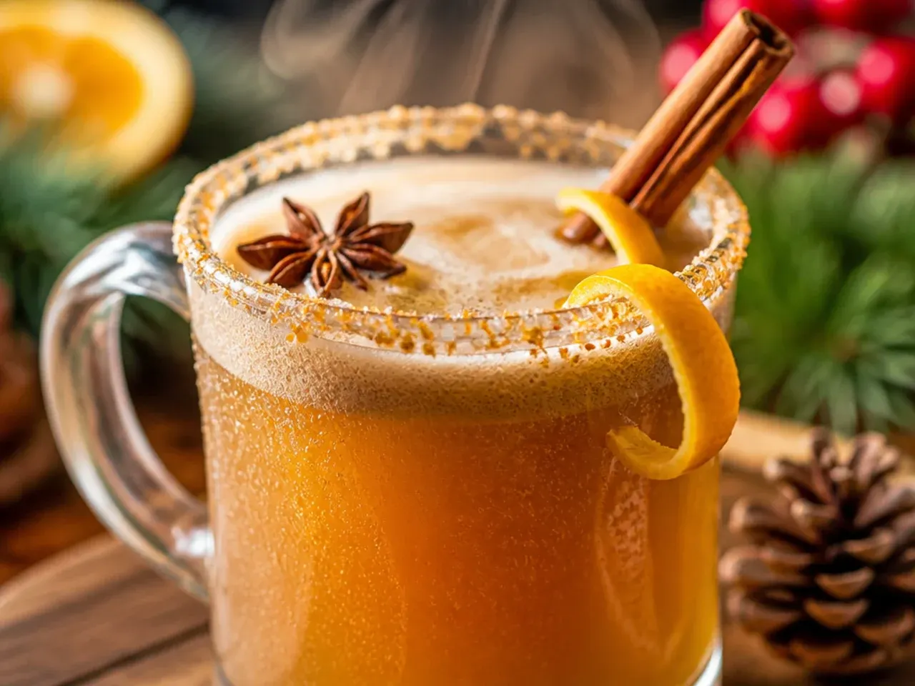 Spiced hot buttered rum in a glass mug with a pat of melting spiced butter on top