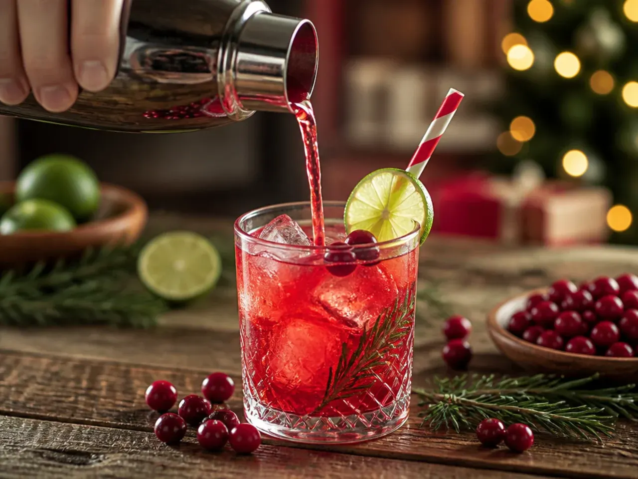 Festive poinsettia cocktail in a champagne flute with a single floating cranberry