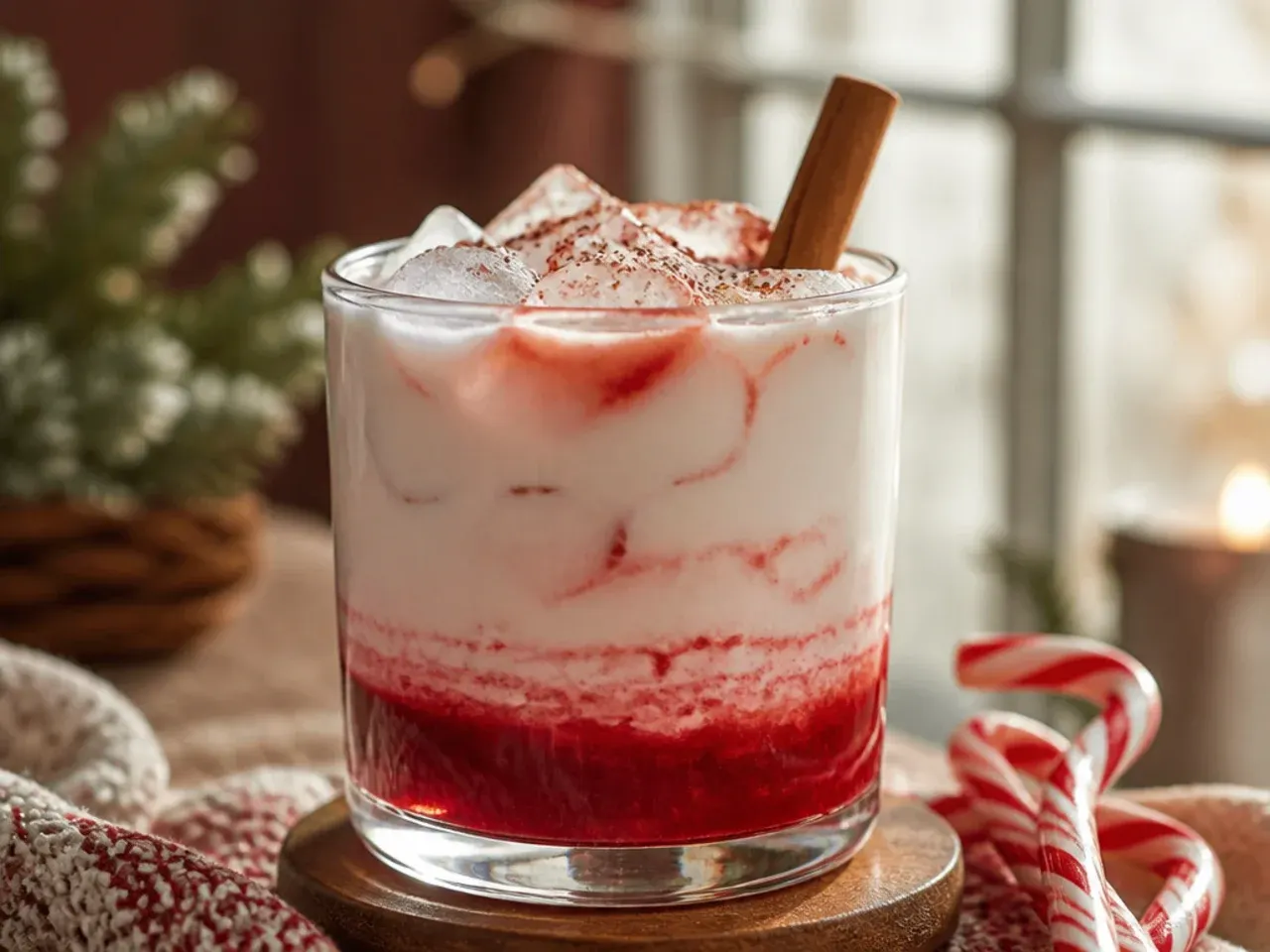 Layered candy cane cocktail showing distinct red, white, and pink stripes in a glass