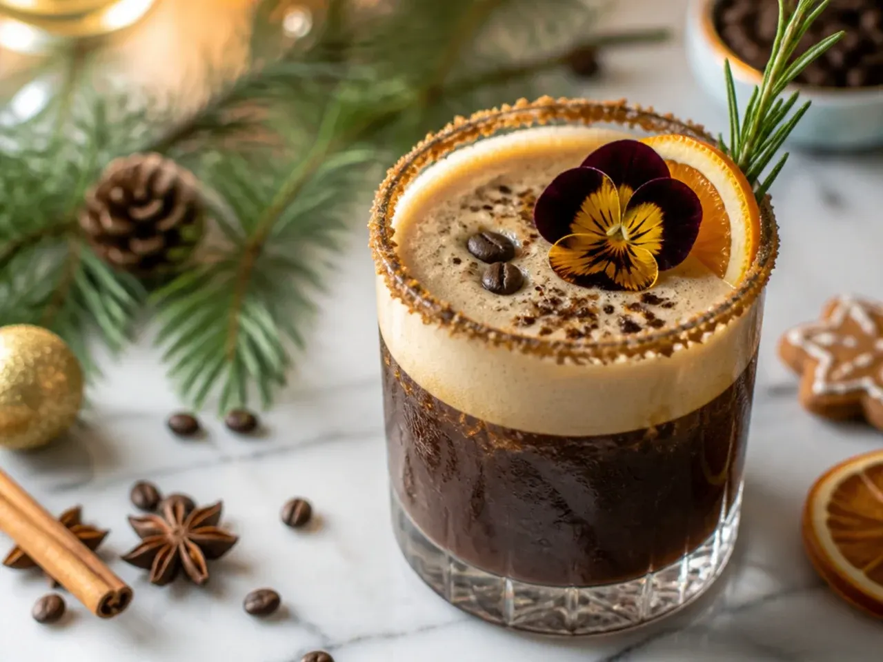 Bold espresso martini with a gingerbread crumb rim and coffee bean garnish
