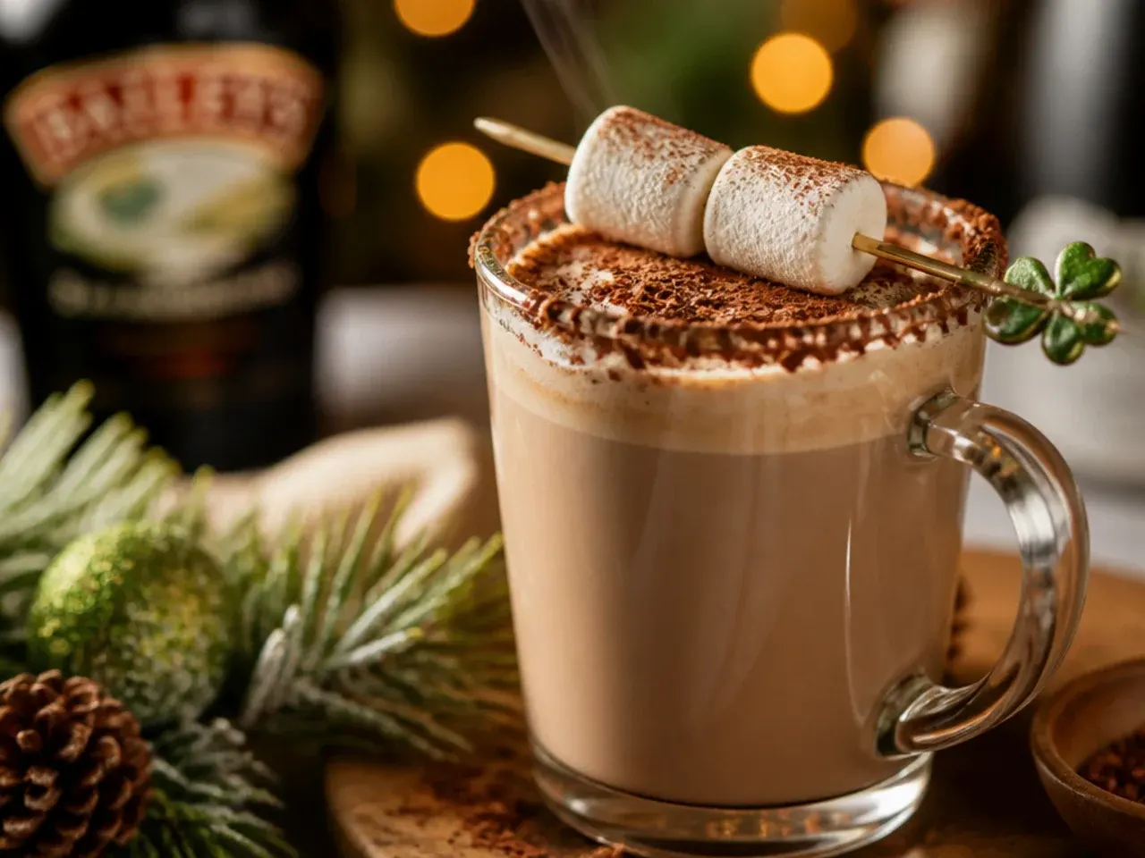 Smooth Irish cream cocoa in a mug topped with whipped cream and grated dark chocolate