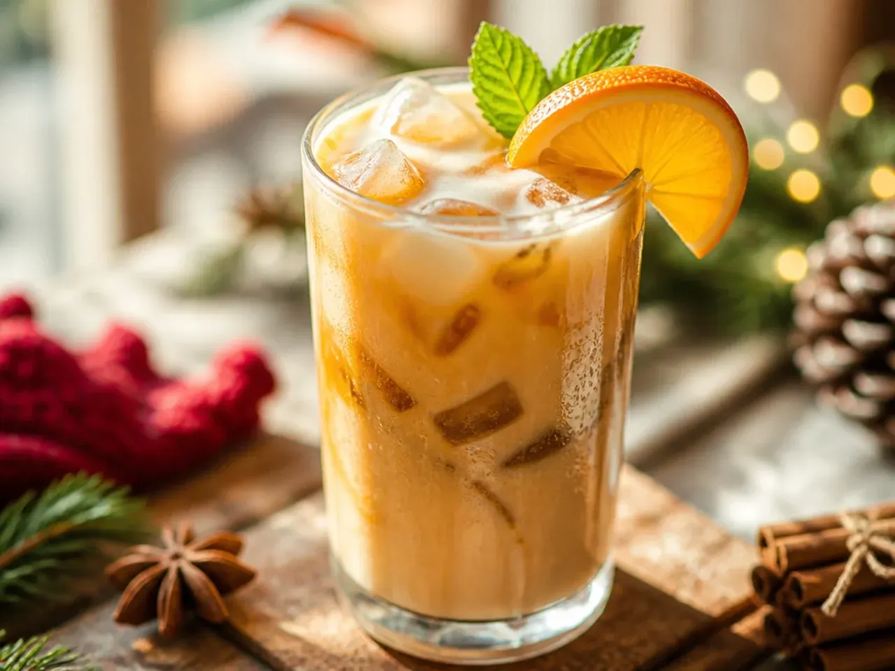 Iced vanilla chai latte in a glass with visible spice flecks and a cinnamon stick