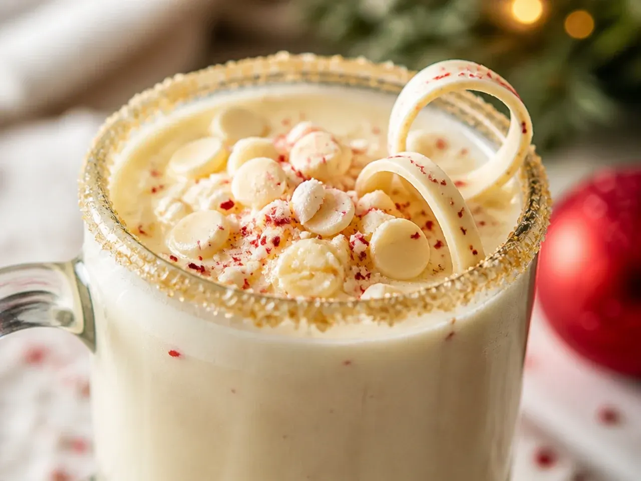 Creamy white hot chocolate in a mug topped with whipped cream and crushed peppermint