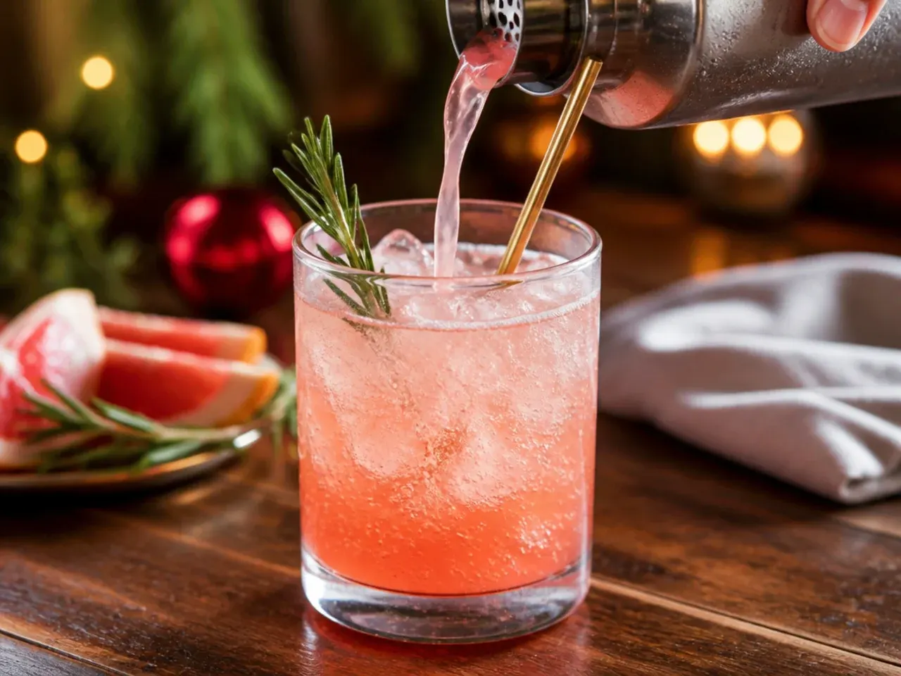 Refreshing rosemary grapefruit fizz in a glass with a rosemary sprig garnish