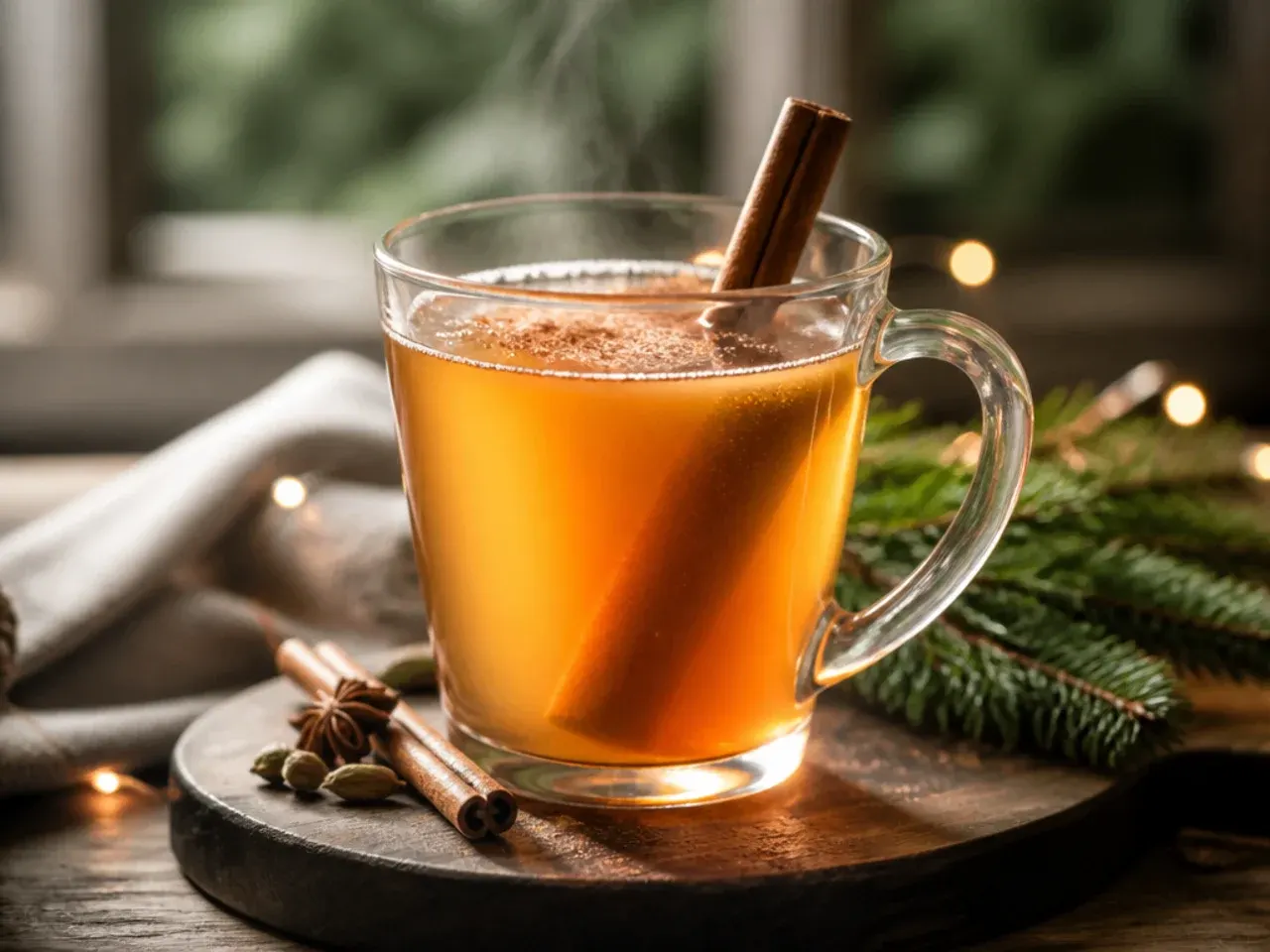 Cozy chai-spiced toddy in a mug with a lemon wedge on the side