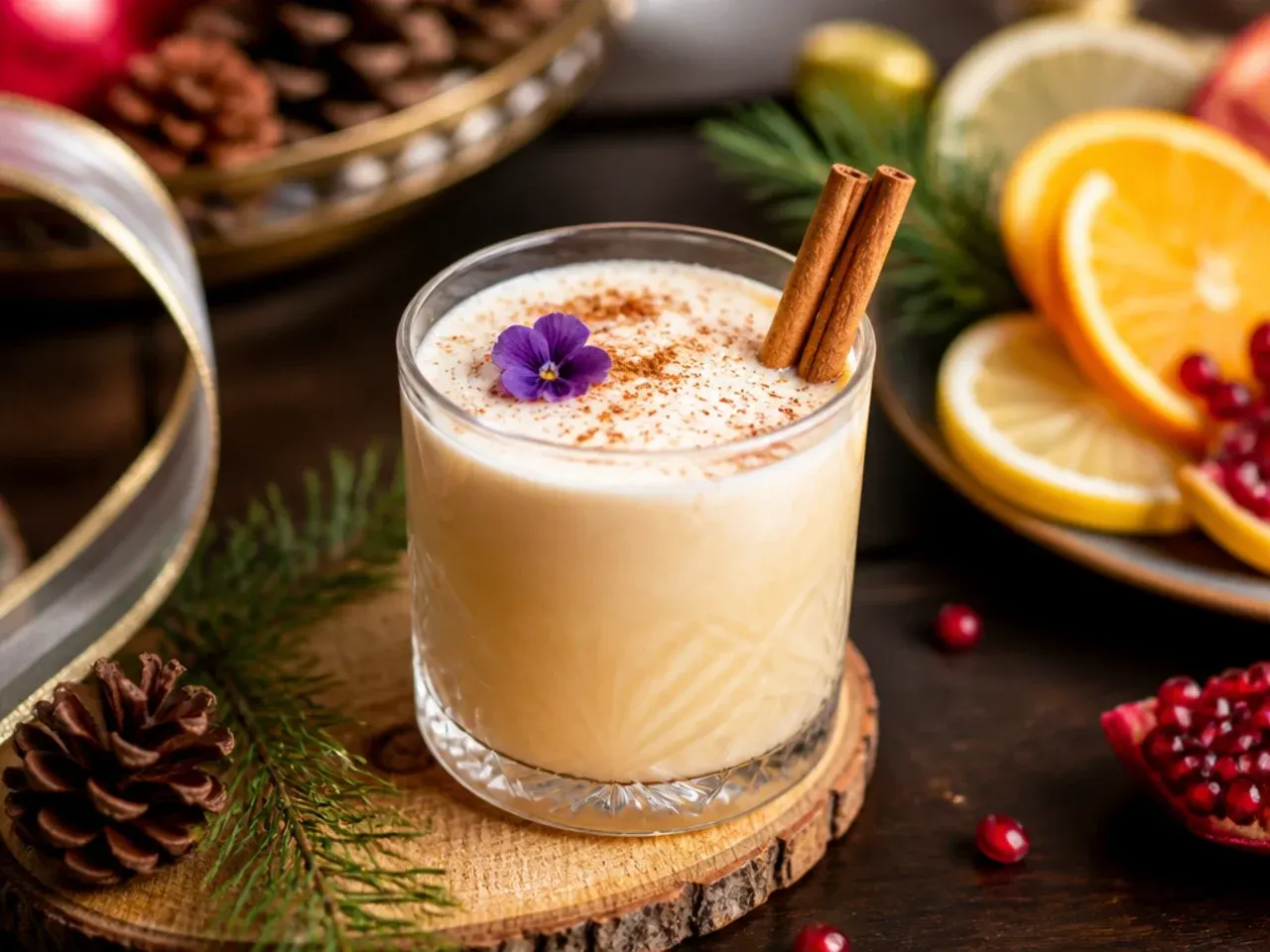 Sweet butterscotch eggnog in a short glass dusted with cinnamon over ice