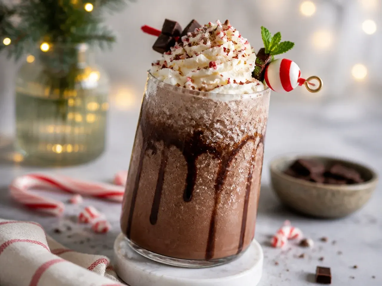 Frozen peppermint mocha frappe in a tall glass topped with whipped cream and cocoa dust