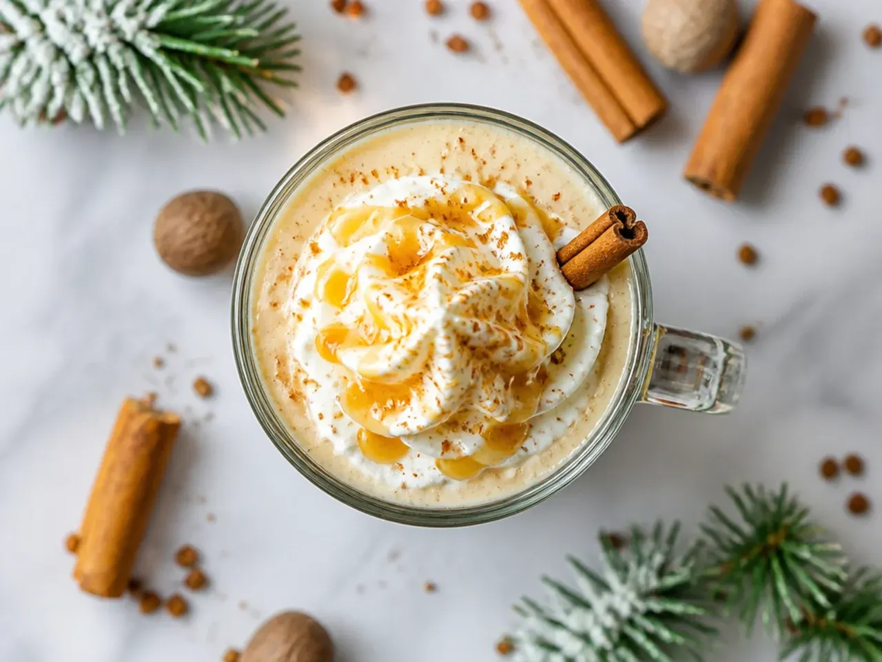 Blended eggnog milkshake in a tall glass topped with whipped cream and nutmeg