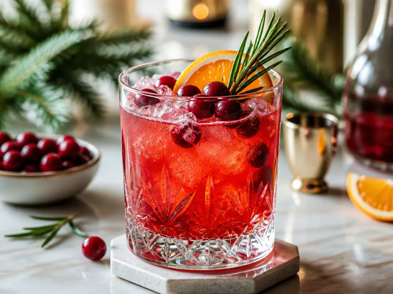 Holiday drinks table with garnish bowls of cranberries, orange slices, and cinnamon sticks