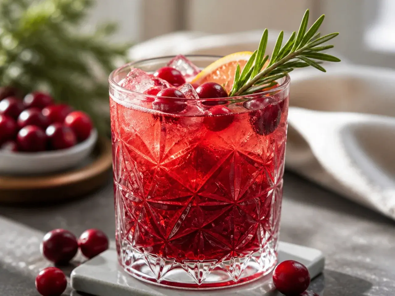 A festive table with several holiday vodka drinks and mocktails ready to serve