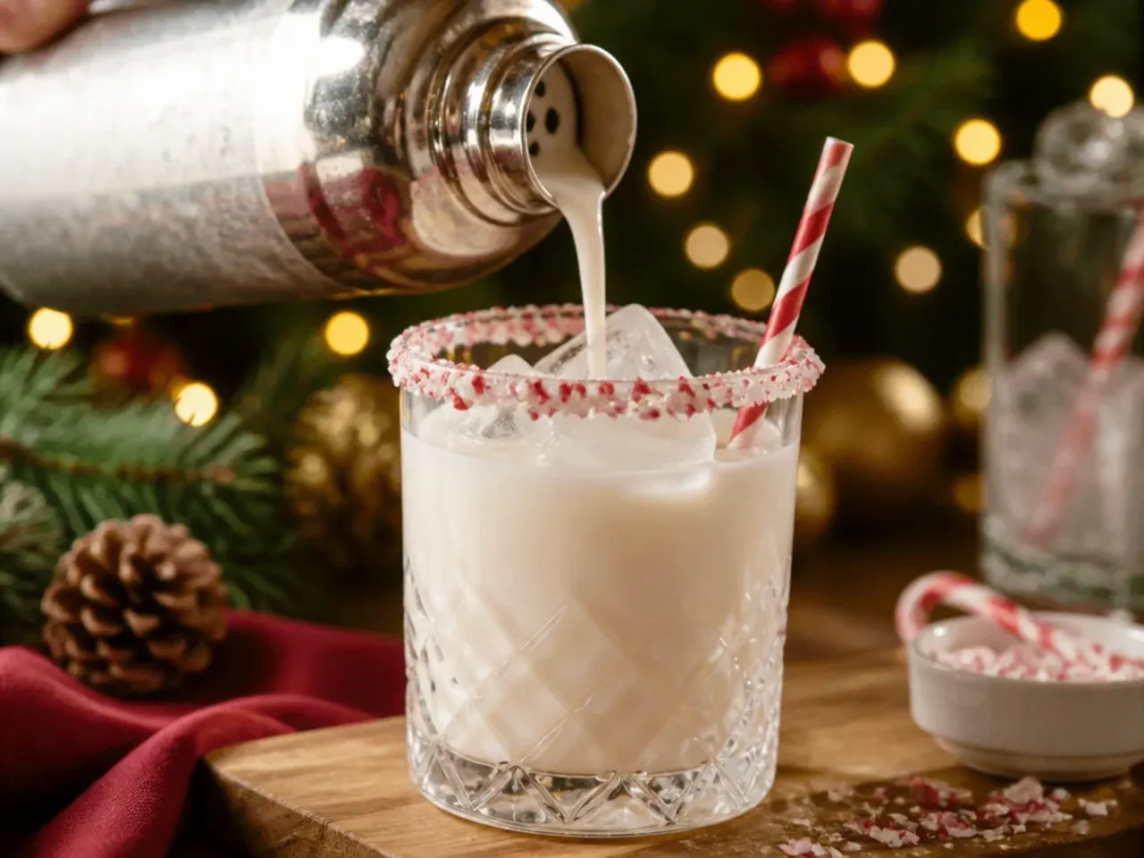 A creamy eggnog holiday vodka drink dusted with nutmeg in a short glass