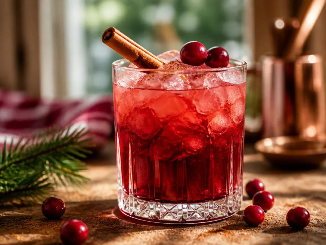 A refreshing sparkling holiday vodka drink with muddled cranberries and rosemary