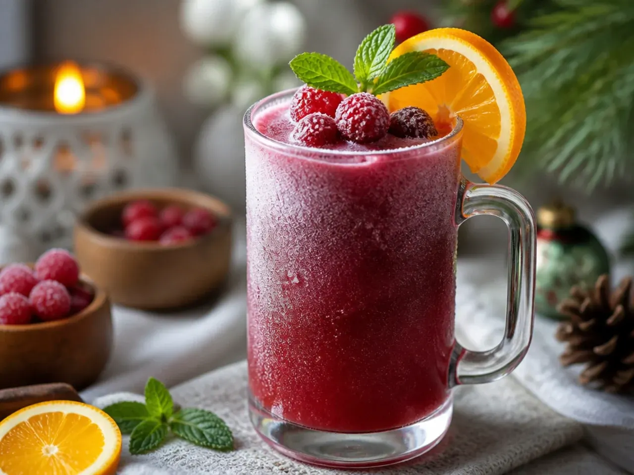 A frozen slushie-style holiday vodka drink in a chilled glass with a wide straw
