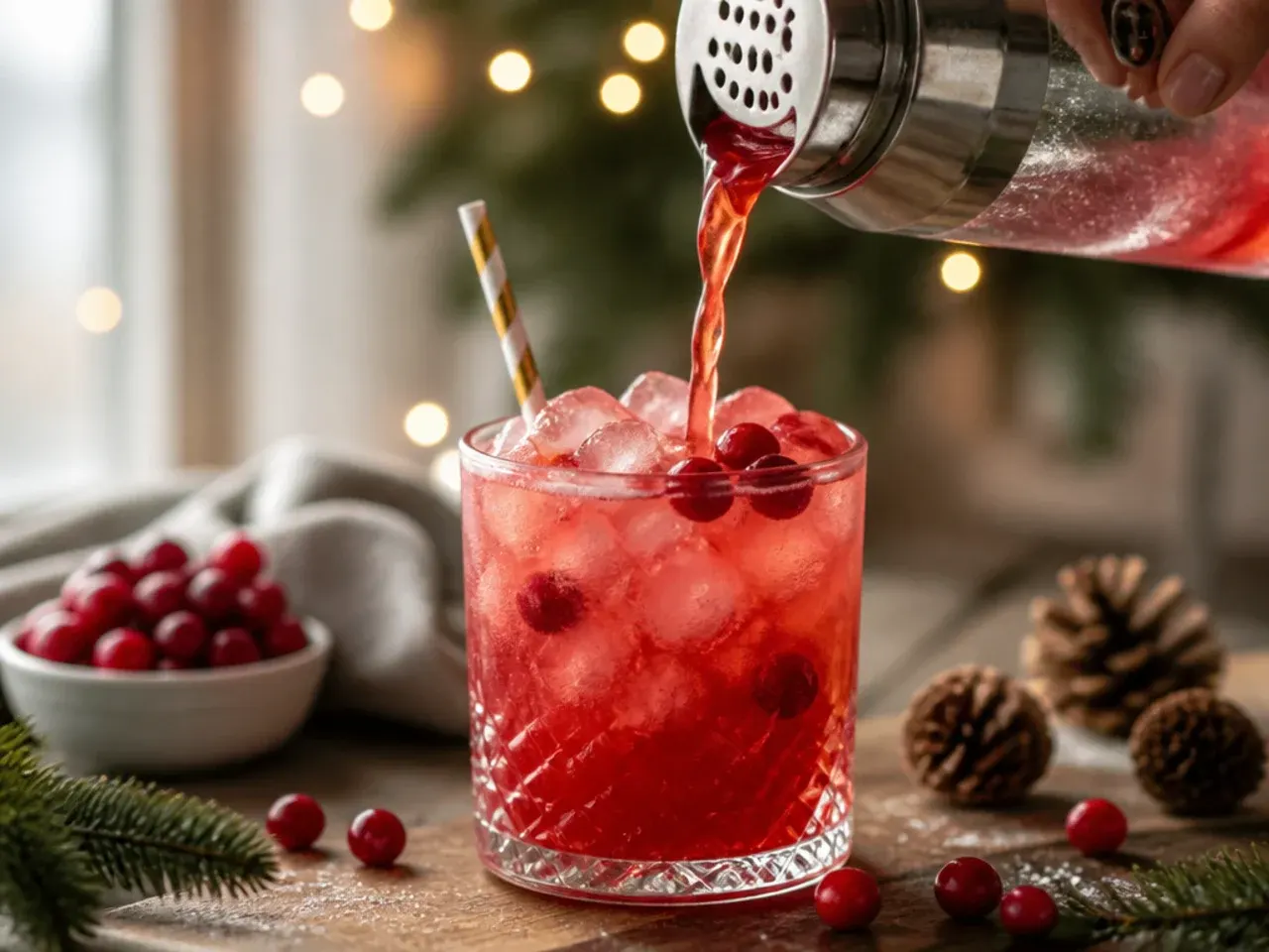 A festive layered red and green holiday vodka drink