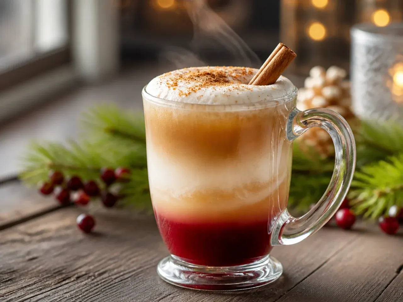 A layered candy-cane-striped holiday vodka drink with a candy cane stirrer