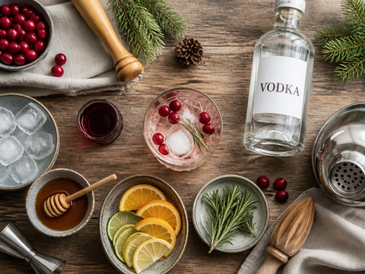 Chilled glasses, simple syrup, and holiday garnishes laid out for drink prep