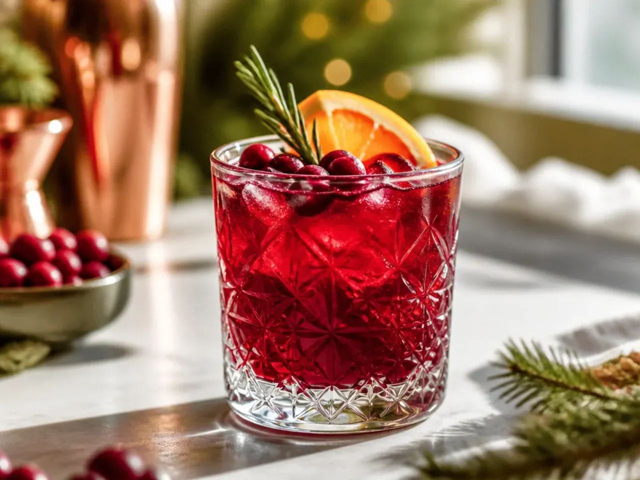 A tray of garnished holiday vodka drinks with cranberry ice cubes and sugared rims
