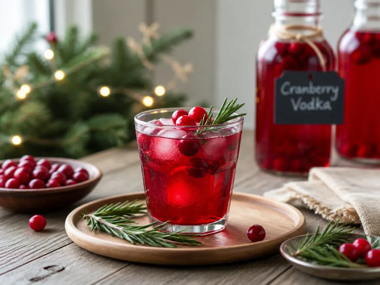 A large pitcher of batched holiday drink base ready to top with fizz for guests