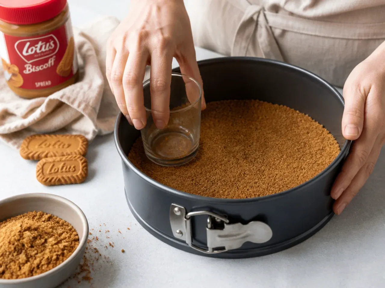 homemade biscoff cheesecake — step 2: press and chill the base