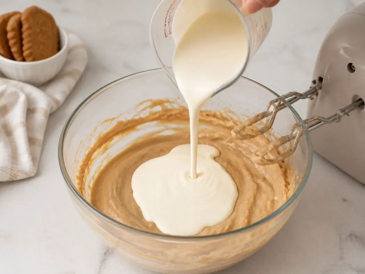 homemade biscoff cheesecake — step 4: add the cold double cream