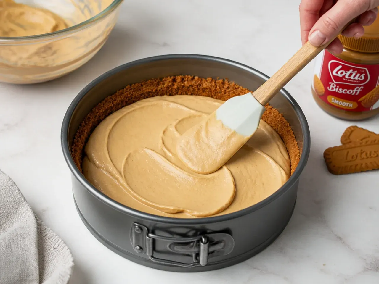 homemade biscoff cheesecake — step 5: fill the tin and smooth