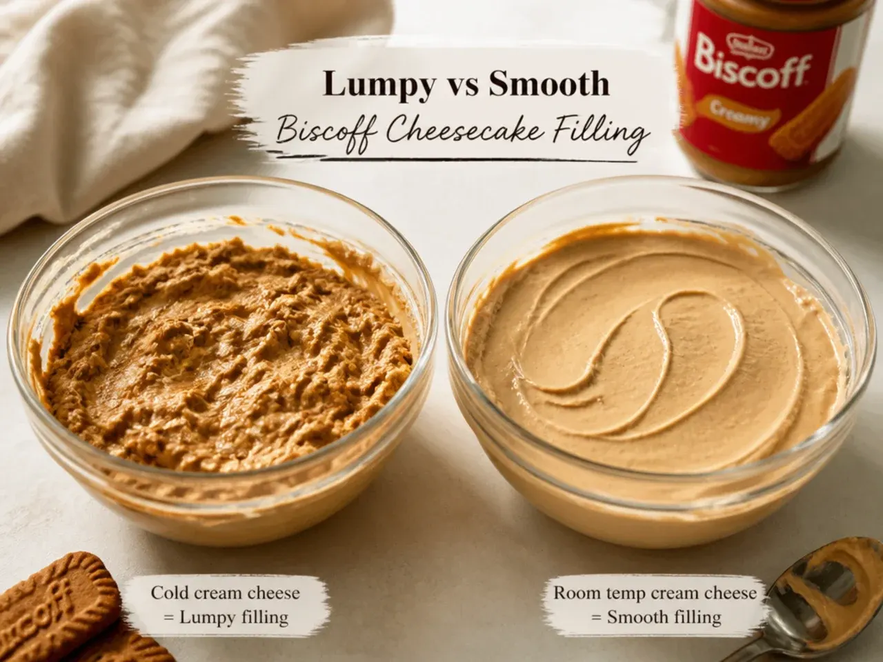 Lumpy versus smooth homemade Biscoff cheesecake filling showing the effect of room-temperature cream cheese