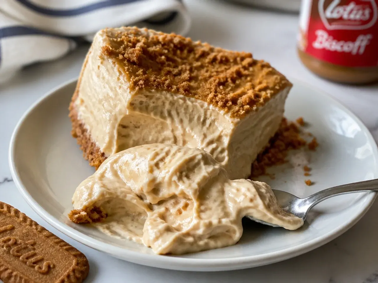 Soft unset no-bake Biscoff cheesecake slice collapsing to show why full-fat dairy matters