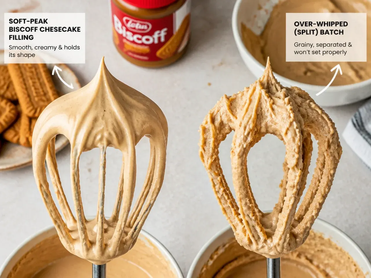 Correctly whipped soft-peak Biscoff cheesecake filling on a beater versus an over-whipped split batch
