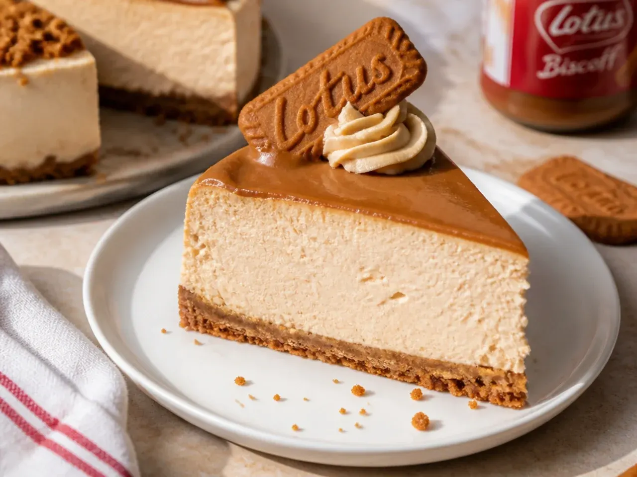Clean firm slice of chilled homemade Biscoff cheesecake holding its shape on a plate