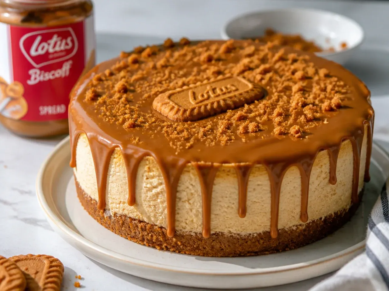 Smooth glossy Biscoff spread topping poured over a homemade Biscoff cheesecake with crushed biscuits