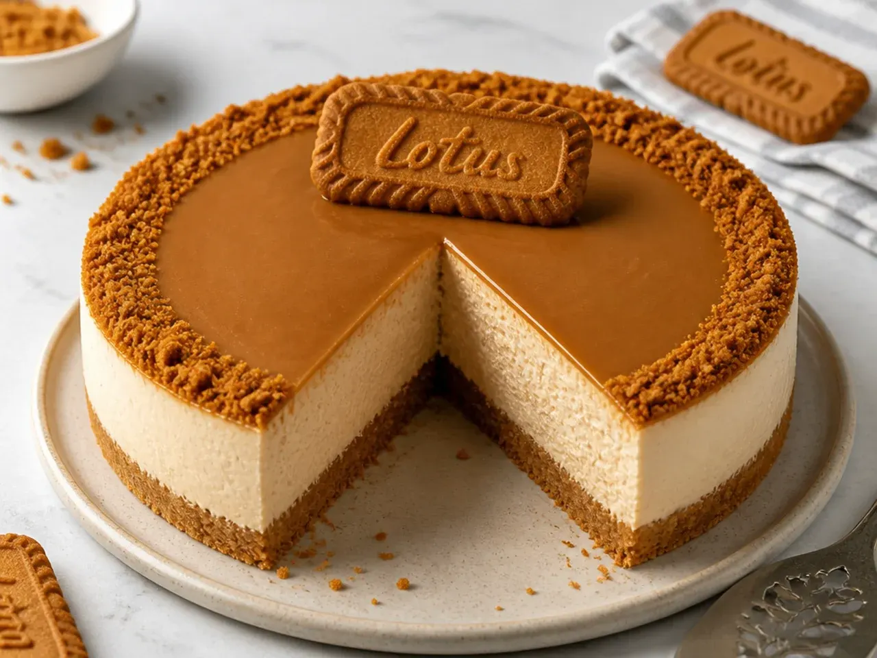 Finished homemade Biscoff cheesecake with a clean slice removed showing creamy layers and biscuit base