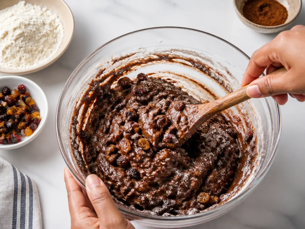 homemade black cake — step 5: fold in the fruit, flour and browning