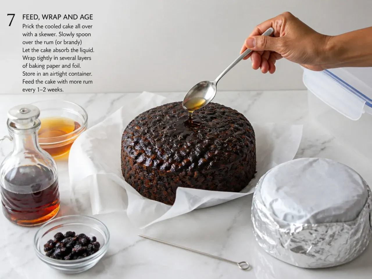 homemade black cake — step 7: feed, wrap and age