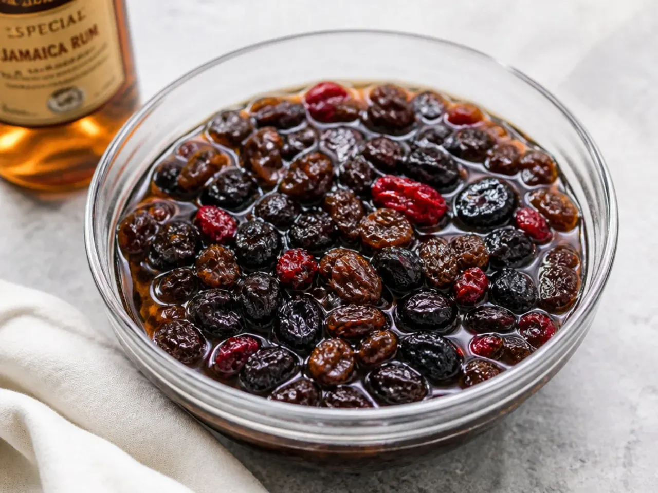 Dried prunes, raisins and cherries soaking in rum for homemade black cake