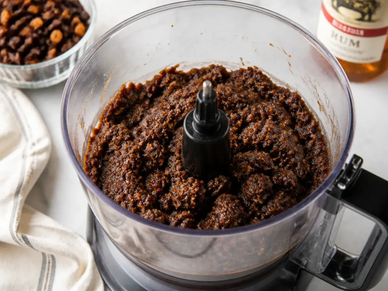 Blended rum-soaked fruit paste in a food processor for black cake
