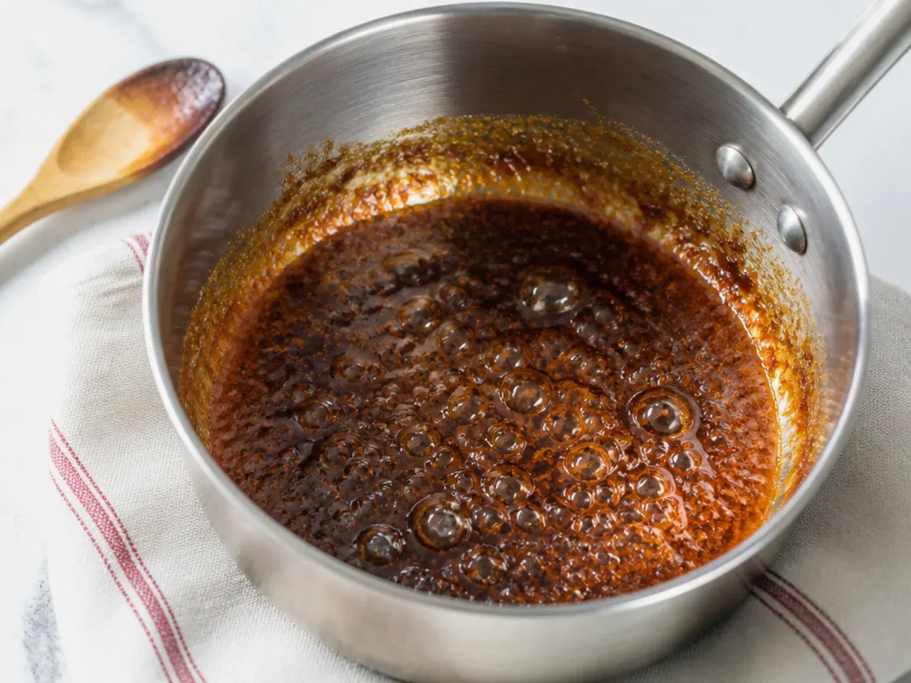 Making burnt sugar browning in a saucepan for homemade black cake