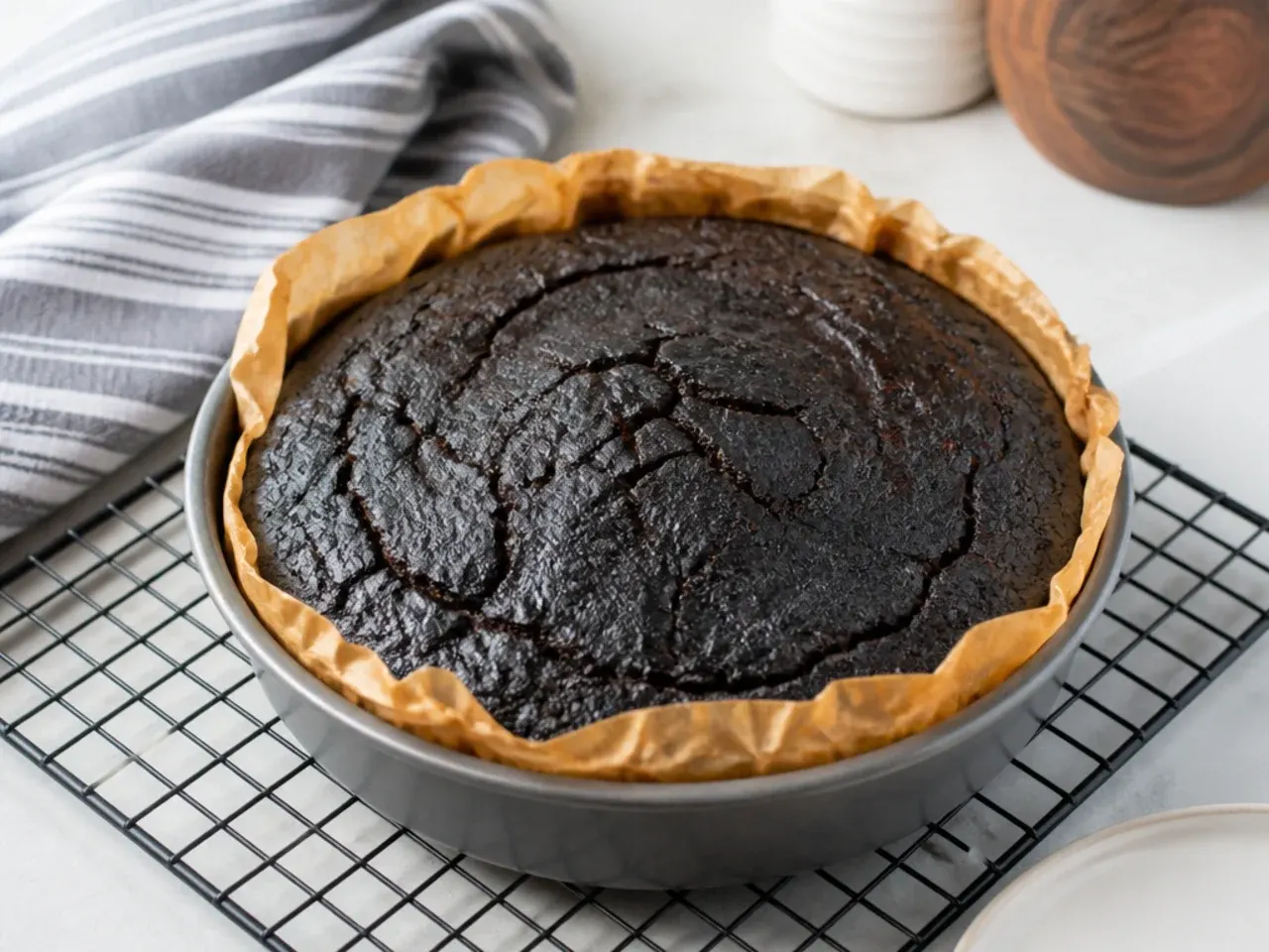 Homemade black cake baking low and slow in a parchment-lined pan