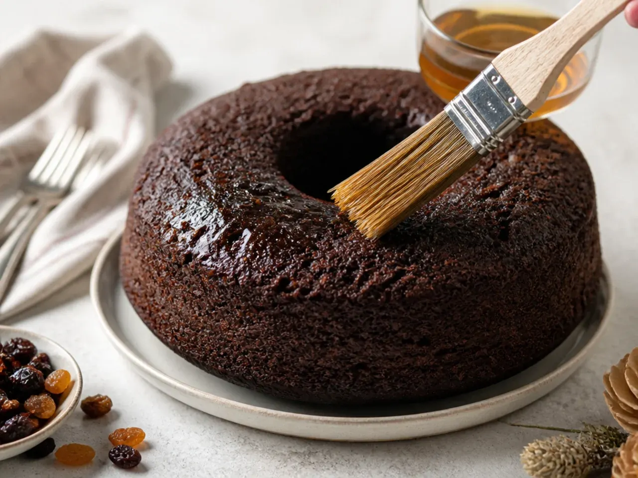Brushing rum over a freshly baked homemade black cake