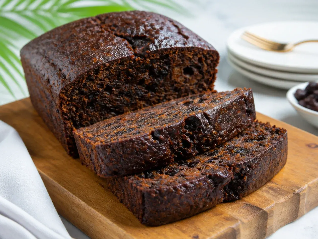 Sliced homemade Caribbean black cake showing a dark, moist crumb