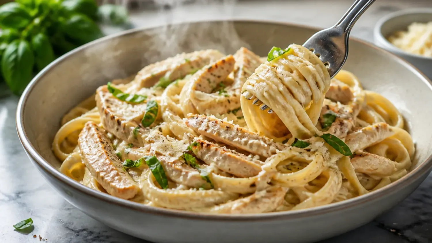 Overhead shot of a bowl of homemade chicken alfredo with creamy Parmesan sauce, sliced pan-seared chicken and fettuccine, finished with cracked black pepper and parsley