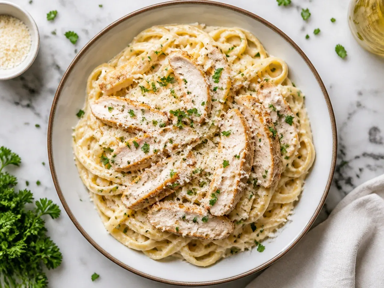 Glass container of leftover chicken alfredo pasta being stored in the fridge