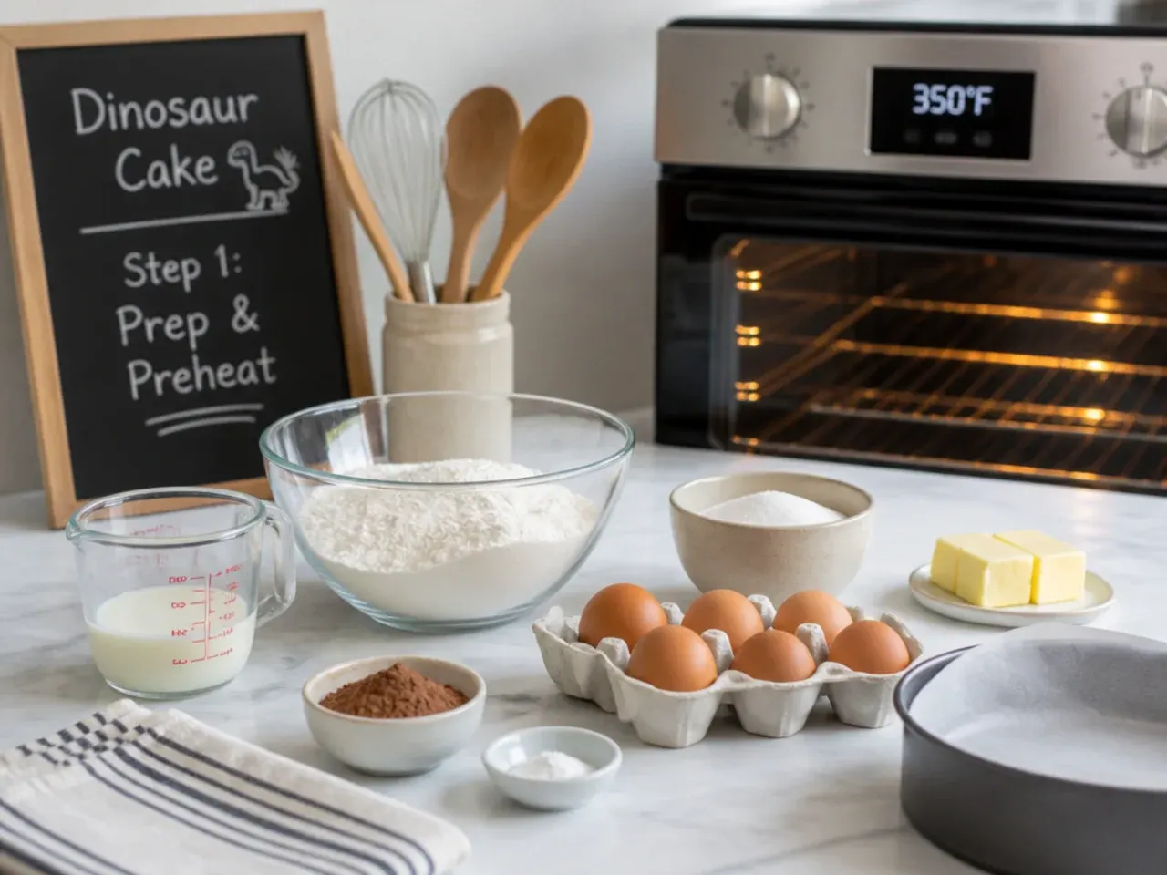 homemade dinosaur cake — step 1: prep and preheat