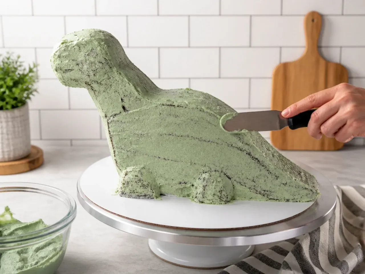 homemade dinosaur cake — step 6: color and crumb coat