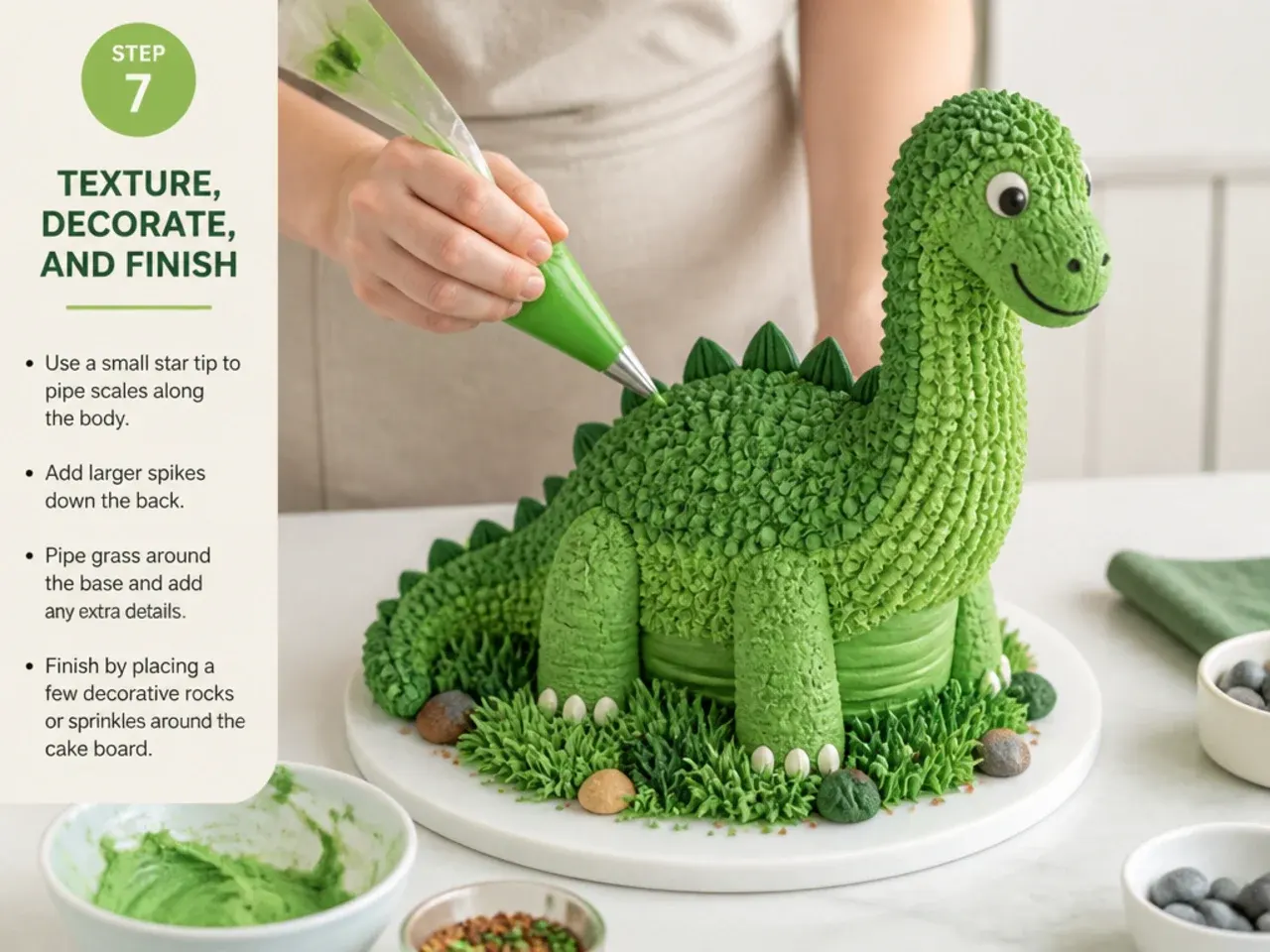 homemade dinosaur cake — step 7: texture, decorate, and finish