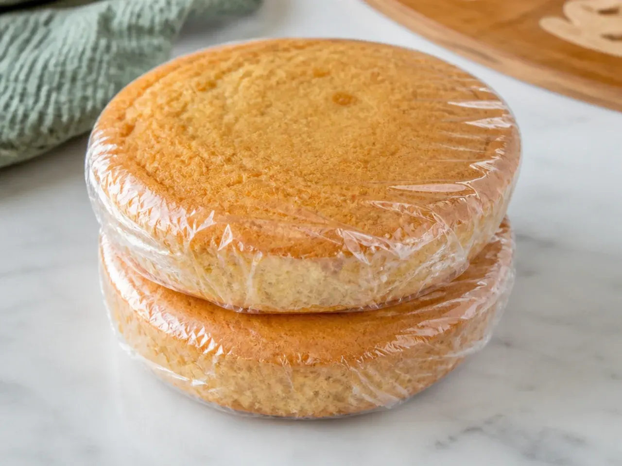 Two cooled round cake layers wrapped for the freezer, ready for a homemade dinosaur cake