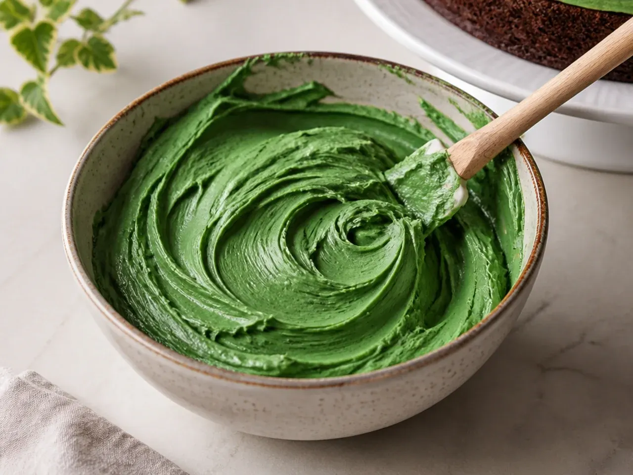 Bowl of muted forest-green buttercream tinted with gel color for a homemade dinosaur cake